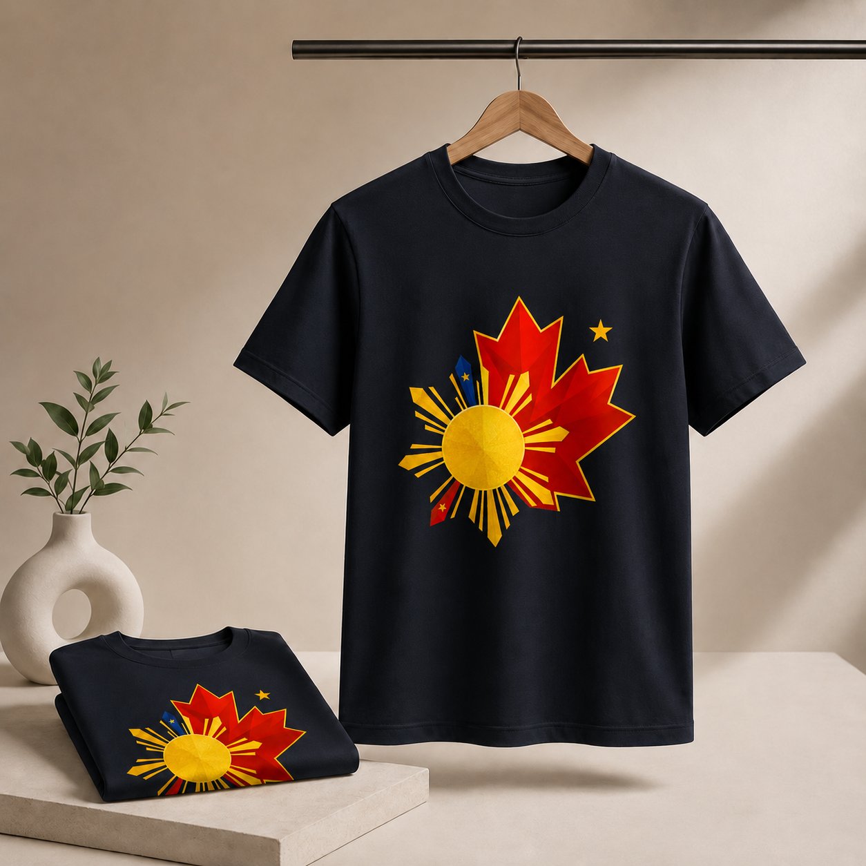 Filipino Canadian Pride T-Shirt — Maple Leaf with Philippine Sun & Stars