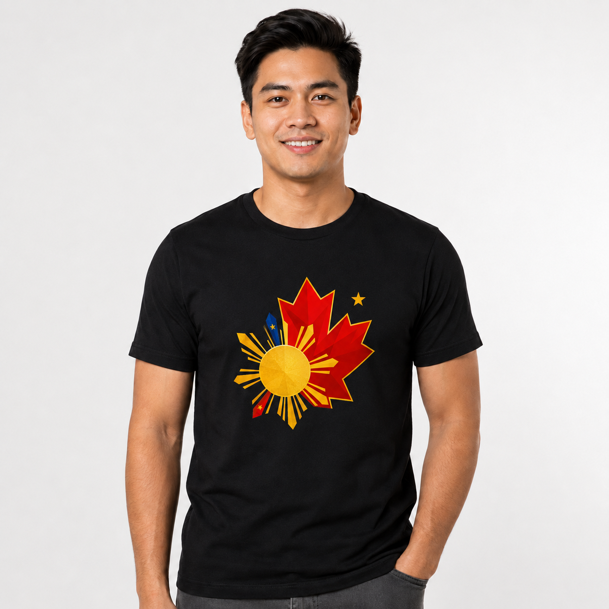 Filipino Canadian Pride T-Shirt — Maple Leaf with Philippine Sun & Stars